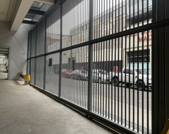 Industrial gate installation in carpark
